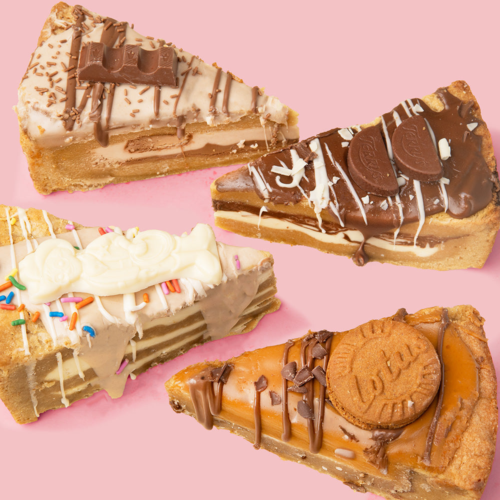 mix of four gooey cookie pies including Biscoff, Kinder, Milkybar, and Terry’s cookie dough pies by Batch’d